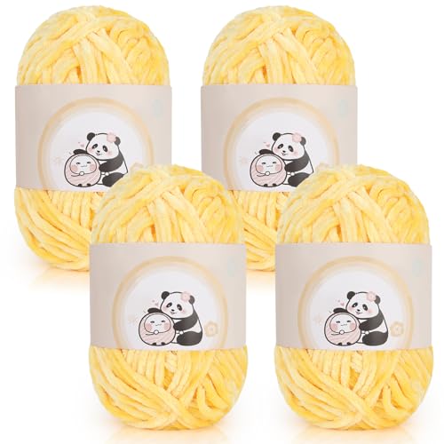 Aeelike 400g(4x100g) Warme Chenille Wolle zum Häkeln Flauschige Dicke Garn zum Handstricken Samt Velvet Babywolle zum Stricken Weich Plüschwolle für Amigurumis Babydecke Gelb