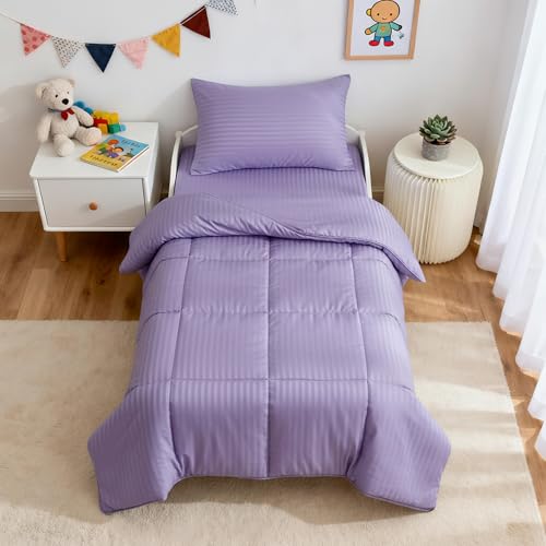 Image of ZPECC Toddler Bedding Set - 4 Piece Hypoallergenic Baby Crib Bedding Set for Boys and Girls, Includes Toddler Comforter, Flat Sheet, Fitted Sheet and Pillowcase, Purple Stripe