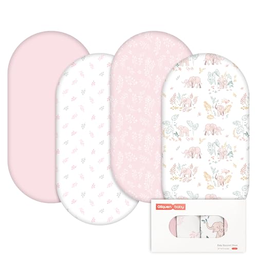 Image of Gllquen Baby Bassinet Sheets 4 Pack, Breathable Cozy Fitted Mattress Sheet, Elastic Travel Crib Fashionable Pattern, Standard Cradle Safe Sheets for Baby Boys Girls 32"x16"(Line-Talk Elephant)