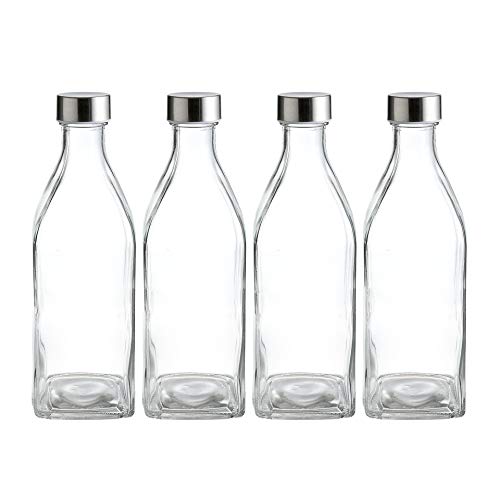 WHOLE HOUSEWARES | Square Glass Bottle With Stainless Steel Leak Proof Lid | 34 Ounce Reusable Drinking Water Bottles, Great for Water & Juice | Pack of 4 (Clear)