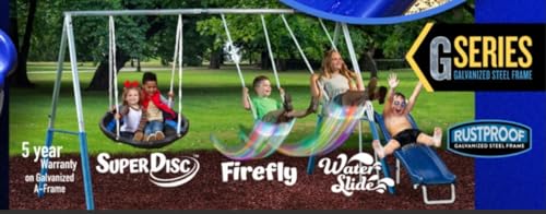 Firefly Water Park - 5 User / 4 Station Metal Backyard Swing Set with 5\' Water Slide, LED Swings and Ground Tarp, 148\" x 93\" x 74\", by XDP Recreation - Thumbnail 2