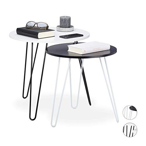 Relaxdays d’appoint Jeu de Deux, Ronde, Table gigognes pour entrée, Blanche,3 Pieds métalliques,d.40et 48cm, MDF, Fer, Blanc/Noir, 45 x 48 x 48 cm