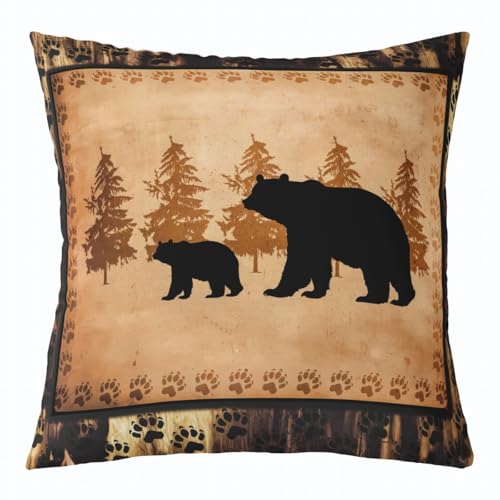 Set of 4 Vintage Bear Throw Pillow Covers,Cabin Deer Hunting Cushion Case for Home Living Room Decor, Reversible Farmhouse Wolf Animals Brown Yellow Decorative Throw Cushion Case, 18x18 Inches