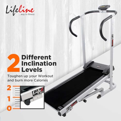 Image of Life Line Fitness LT-201 Manual Treadmill with Free Push up /Sit up Exercise Bar Assist, Home Gym Cardio Workout, 2 Level Inclination, Foldable & Space Saving Treadmill