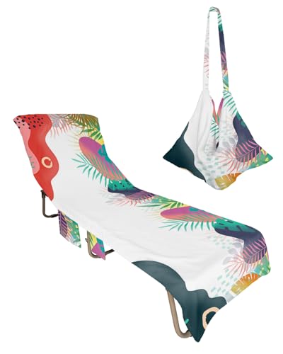Bohemian Floral Beach Chair Towel Covers for Chaise Lounge with Side Pocket, Soft Plush Pool Towels Cover for Patio Sunbathing Outdoor 29''x85'' Gradual Multi-Color Botanical Flowers Leaves