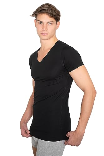 Men's Laser Cut Seamless v-Neck Undershirt Short Sleeves Stretch Cotton Black3