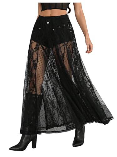 Verdusa Women's Contrast Lace Sheer Long Skirts A Line Low Waist Flared Flowy Skirt