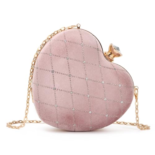 Oweisong Red Heart Shaped Purses for Women Black Velvet Clutch Bag Sparkling Rhinestone Evening Handbag for Wedding Party