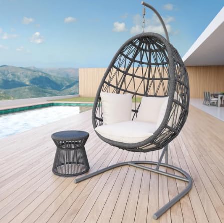 Netted Braided & Rope Hanging 1 Seater Swing with Stand for Balcony, Garden, Outdoor, Patio, Indoor (Swing Grey & Cushion with White)