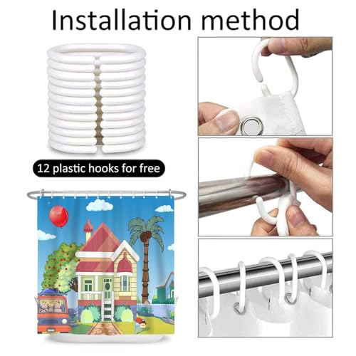 Image of Blue Them Balloon Cartoon House 36x72 Decorative Shower Curtain With Hooks | Bluey Backdrop With Cartoon House Red Balloon Print, Polyester Shower Curtain, With Hooks For Bathroom Decoration