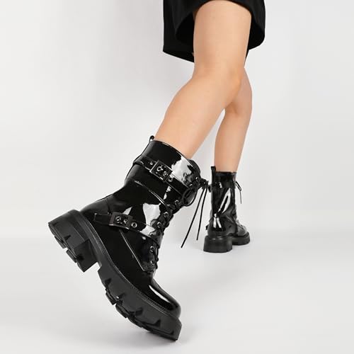 Eldof Women's Combat Boots Ankle Booties Lace Up Platform Lug Sole Chunky Low Heel Buckle Goth Motorcycle Boots for Women Side Zipper 2 Inches3