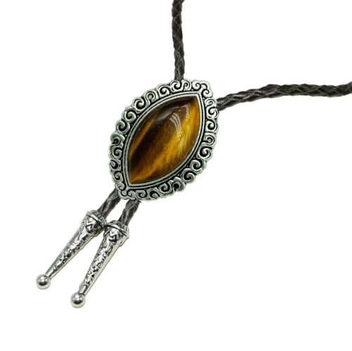 Image of Moranse Bolo Tie with Natural Tiger Eye Stone Celtic Style Genuine and Cowhide Rope