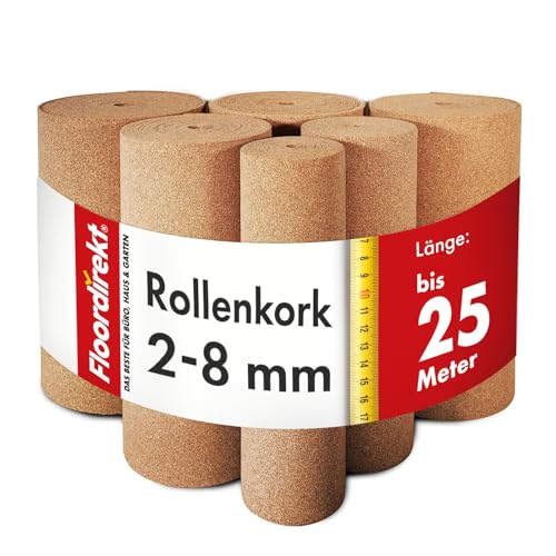 Floordirekt Rollenkork 100 x 50 cm, 8 mm - Natürliche Dämmunterlage - Vielseitig einsetzbar - Schall- und...