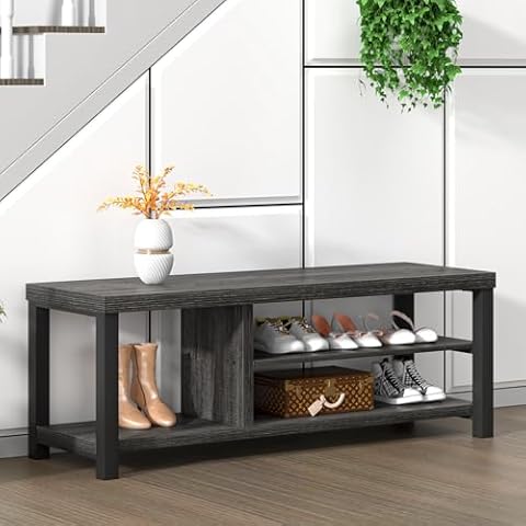 FOLUBAN Entryway Bench with Shoe Storage, Vintage End of Bed Bench, Rustic Wooden Entry Bench for Hallway Front Door Entrance, Industrial Indoor Bench for Bedroom Living Room, Dark Gray, 47 Inch Cover
