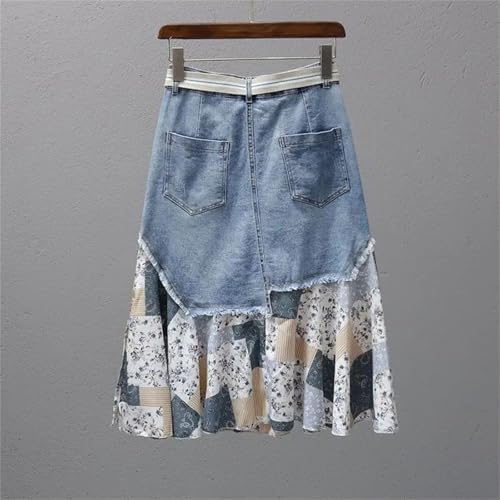 Women's Patchwork Midi Jeans Skirts Korean Bow High-Waist Denim Skirt3