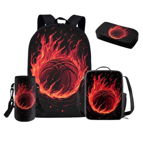 GIFTPUZZ Cool Fire Basketball Bookbag for Boys 8-12 Sport Boys Backpack with Lunch Box Basketball Large Capacity 4pcs Basketball Bookbag for Boys 8-12 Back to School Gifts2