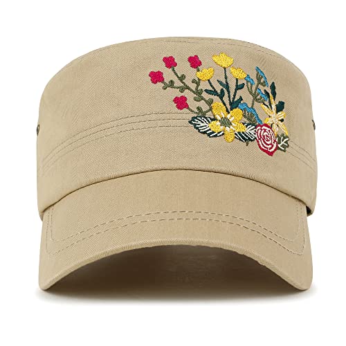 Image of ililily Crystal Gemstone Stud Flower Vintage Cotton Military Army Hat Cadet Cap