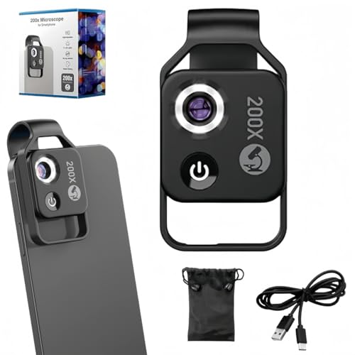 Cohbskj Zoomzip, Qinux Zoomzip, 2025 Upgraded Zoom Zip 200x Portable Pocket Digital Microscope Camera Attachments with Cpl Lens/Led Light, Portable Microscopic Lens for Cell Smartphone (Black)