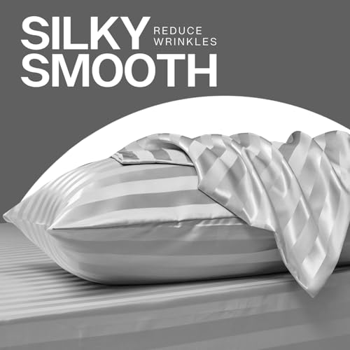 Image of MR&HM Satin Pillowcase for Hair and Skin, Silk Satin Pillowcase 2 Pack, Standard Size Pillow Cases Set of 2, Silky Pillow Cover with Envelope Closure (20x26, Silver Grey Striped)