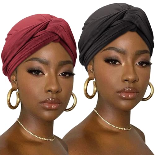 DRESHOW Hair Wrap for Women Ribbed Soft Stretch Jersey Head Scarf Breathable Lightweight Turban Solid Color