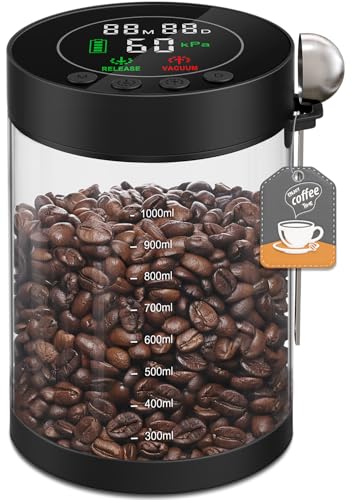 Electric Vacuum Coffee Canister, 1.3L Glass Airtight Food Storage Containers with Smart Pressure Sensor, Automatic Coffee Bean Container Rechargeable with LED Display Window for Kitchen Food Storage