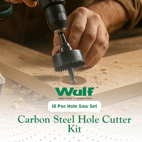 Image of WULF Professional Hole Saw Set (18 Pcs) | High Carbon Steel Hole Cutter Kit for Wood, Plastic & Metal | Ideal for Cutting Corn Hole Boards, Air Ducts, Ceiling Lights, Speakers & Carpentry Work