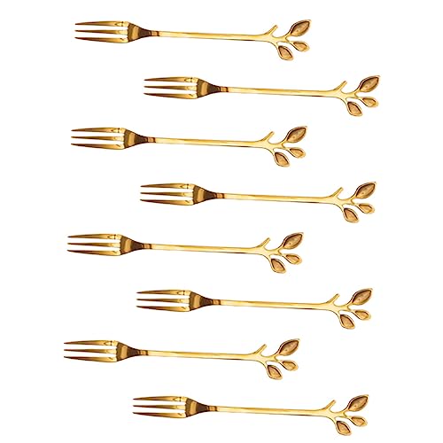 UKCOCO 8pezzi Forchettine Da Dessert in Acciaio Inossidabile Design Foglia Dorata Per Frutta Antipasti e Cocktail Accessori Cucina Per Casa Ristoranti e Outdoor