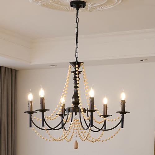 Luminaire suspendu à bougie noire de style rustique pour cuisine et chambre, perles de bois