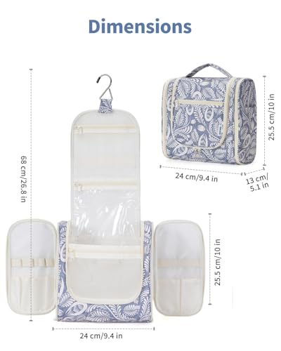 Image of Hanging Travel Toiletry Bag Cosmetic Make up Organizer for Women and Men, Blue Leaf (Large),