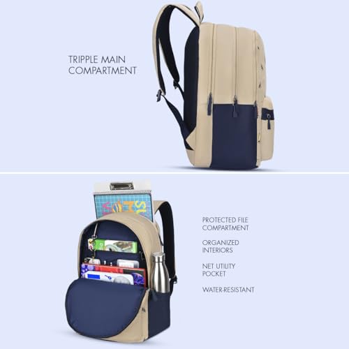 Image of Tommy Hilfiger School Backpack for Boys & Girls Segno - Beige+Navy | 3-Compartment Water-Resistant Student Bag for High School & College with Rain Cover & Padded Airmesh Back | 40L Capacity