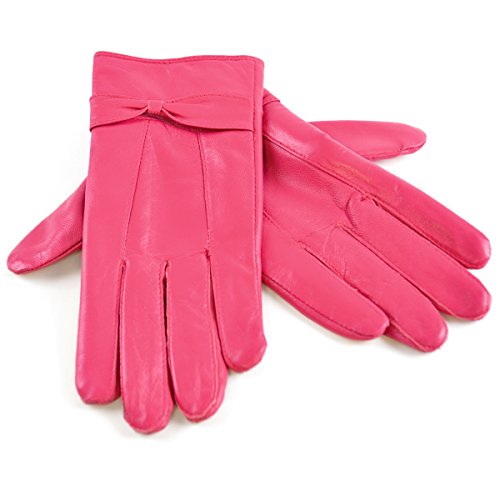 Ladies Womens Soft Fleece Lined Coloured Genuine Leather Bow Gloves Winter S/M