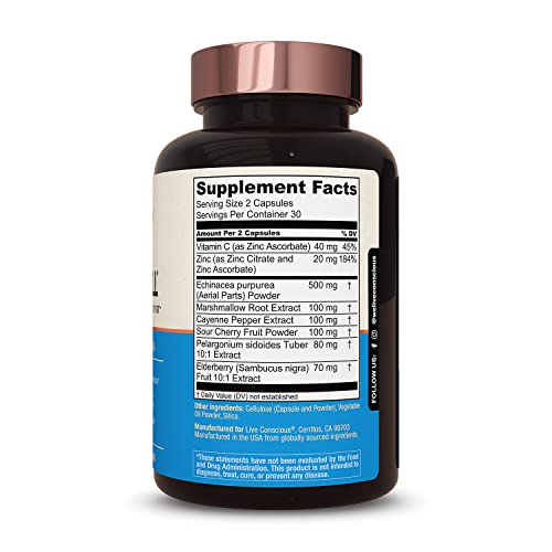 Live Conscious Breathewell Botanical Respiratory Immune Supplement | With Echinacea, Elderberry, Zinc | Immune System Support Vitamins 60 Capsules #TOP3