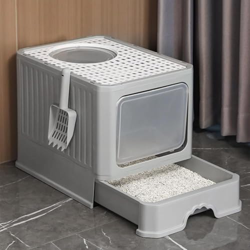 BtcFu 猫 トイレ - 猫 トイレ 大型 猫 システムトイレ スコップ付 - 50 * 40 * 40 CM 猫のトイレ 上から猫トイレ 猫の大きいトイレ 大容量 大型 砂の飛び散ら防止 掃除簡単 脱臭抗菌 引き出し式 お掃除楽 清潔トイレ 猫砂 (グ