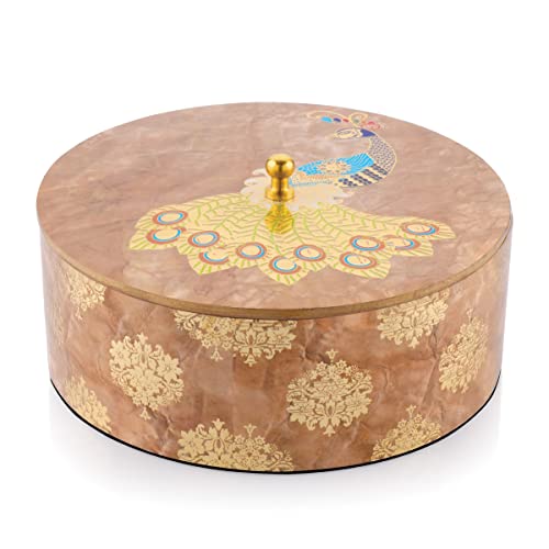 Image of Attro Peacock Gold Designer Wooden Lid Round Multipurpose Box for Kitchen Storage, Chapati, Chocolate