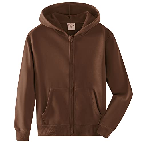 Spring&Gege Youth Solid Full Zipper Hoodies Soft Kids Hooded Sweatshirt for Boys and Girls, Brown, Size 7-8 Years