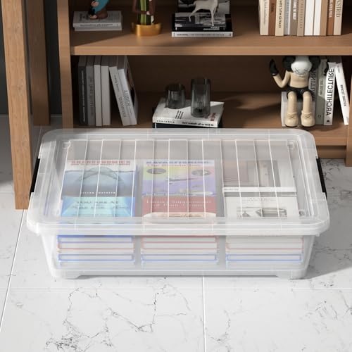 Image of 42 L 3 Packs Clear Plastic Under Bed Storage Container with Lid and Wheels, Underbed Stackable Boxes