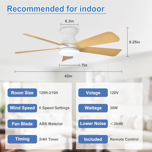 Image of Depuley 42-Inch Ceiling Fans with Lights: Indoor /Outdoor Flush Mount Ceiling Fan with Remote Control - Wood 5 Blade Low Profile Fandelier for Kitchen Gazebo - Reversible Quiet Timer - 2 Packs