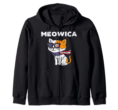 Meowica Cat Kitten American Flag USA Pet 4th Of July Fourth Zip Hoodie, Black