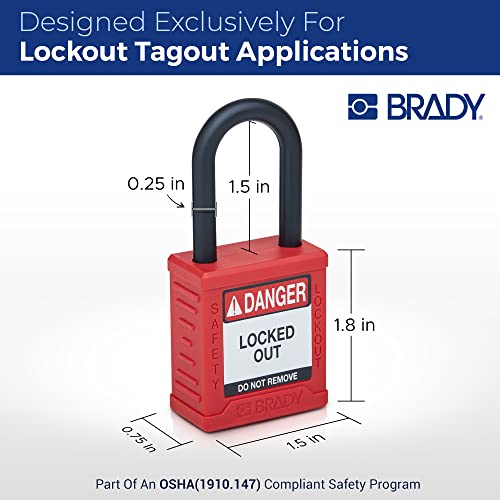 Image of Brady Safety Lockout Padlock Sets - 6 Pack - Red - Keyed Alike Safety Lockout Padlocks - 1 Key Per Lock - SDPL-RED-38PL-KA6