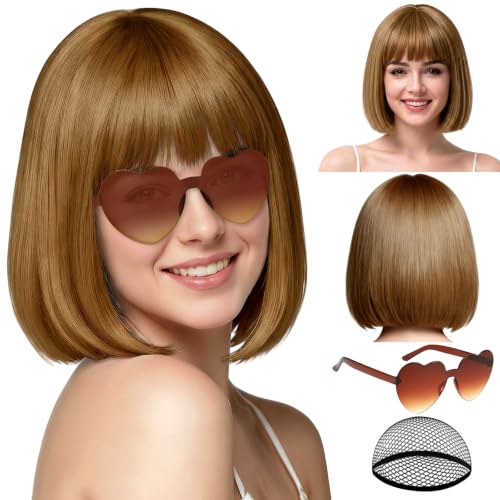 Image of PLULON Light Brown Short Bob Wig with Bangs for Women, Colorful Neon Short Bob Synthetic Hair Wigs with Hair Cap Heart Sunglasses for Adults Daily Bachelorette Halloween Costume Party Supplies