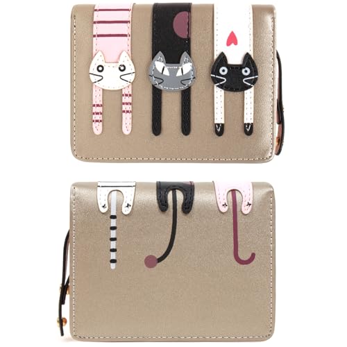 KOTORA Small Cute Wallet for Women Girls Short Bifold Clutch Bag Mini Cat Embroidery Zip Around Card Holder Coin Purse (Gold)2
