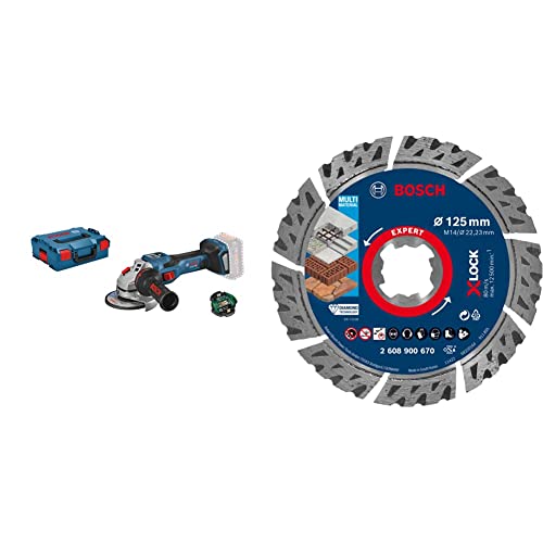 Bosch Professional BITURBO Akku-Winkelschleifer GWS 18V-15 SC (Ø 125 mm, mit Connectivity-Modul, ohne Akku) + 1x Expert MultiMaterial X-LOCK Diamanttrennscheiben (für Beton, Ø 125 mm, Zubehör)