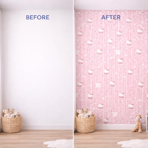 Image of Pink Kitty Stripe Kids Room Wallpaper | Cute Cartoon Nursery Wall Decor for Baby Room | Self Adhesive Peel & Stick Removable Wallpaper, Washable Wall Covering for Bedroom Nursery 2 x 50 Feet
