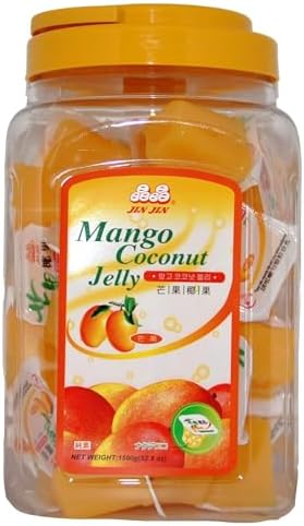 JIN JIN Mango Coconut Jelly Snack – Individually Wrapped Fruit Jelly Cups with Coconut Chunks, Taiwanese Dessert Candy, 52.9 oz (1500g) Jar