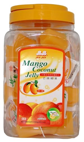 JIN JIN Mango Coconut Jelly Snack – Individually Wrapped Fruit Jelly Cups with Coconut Chunks, Taiwanese Dessert Candy, 52.9 oz (1500g) Jar