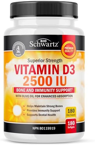 Vitamin D3 2500 IU for Bone & Immunity Support - Extra Strength & Absorption D3 Vitamin 2500IU with Olive Oil - Supports Healthy Bones, Teeth & Immunity - Non-GMO, Gluten-Free - 180 Vit D Softgels