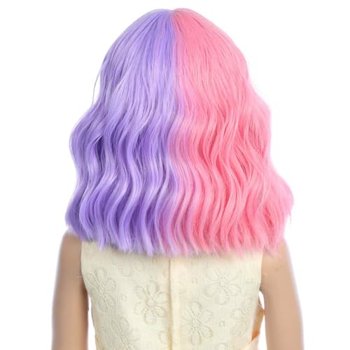 Image of Child Purple Pink Wig Kids Short Half Purple Half Pink Wig With Bangs Girls Wavy Curly Wigs for Halloween Cosplay