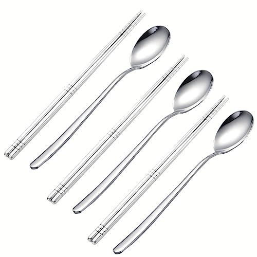 Spoon and Chopsticks Set, 3 Pair Stainless Steel Metal Chopsticks Spoon Set, 3 Set Reusable Korean Chopsticks and Spoons Set for Home, Kitchen or Restaurant