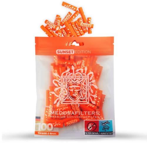 Medusafilters 100 Stück Aktivkohlefilter 6mm Slim Kokos-Aktivkohle mit neuen schmaleren Cellulose-Kappen 25 mm Made in Germany (Sunset Edition)