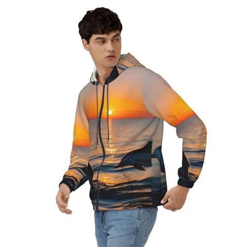Sweat à capuche imprimé dauphins graphisme coucher de soleil pull doux homme